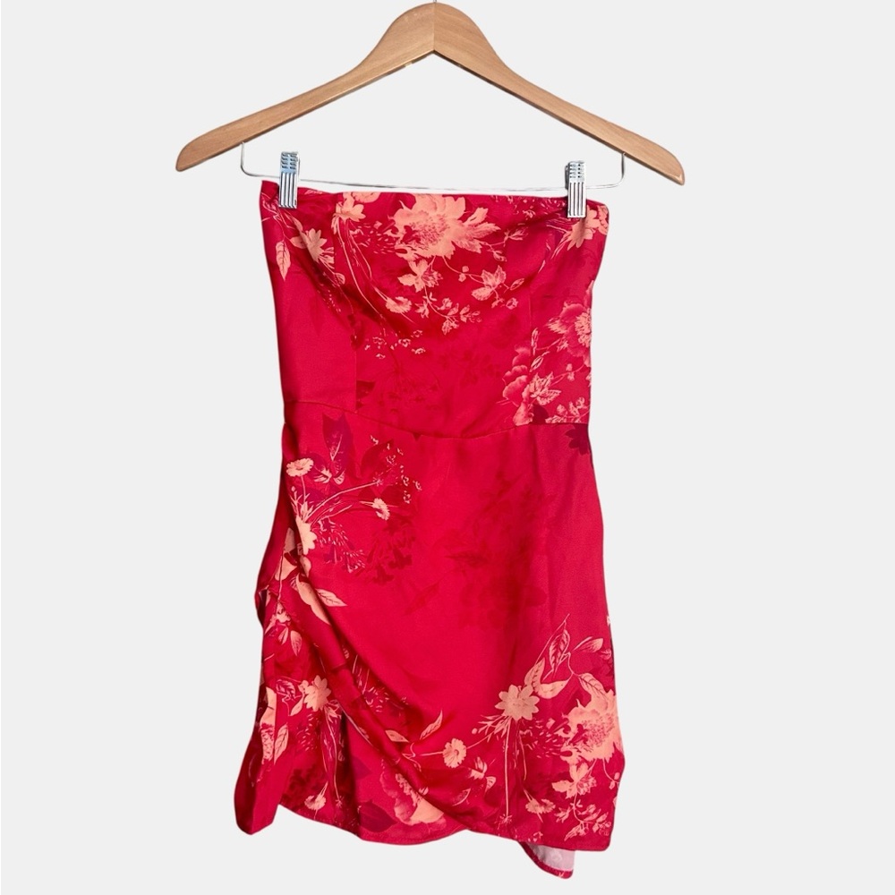 NWT RESA Strapless Floral Faux Wrap Mini Dress XS Red Smocked Back - Picture 2 of 9